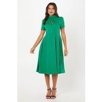Coast Womens Fit Flare Dress High Neck Keyhole Green Short Sleeve Midi