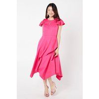 Coast Womens Fit Flare Dress Pink V-Neck Flutter Sleeve Ruffle Skirt Midi