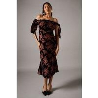 Coast Womens Midi Dress Black Velvet Floral Bias Cut Bardot Tie Shoulder