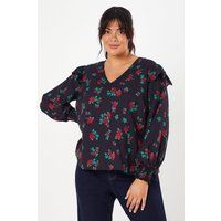 Womens Curve Frill Shoulder V Neck Top Floral Print