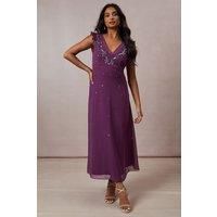 Oasis Womens Midi Dress Embellished Frill Sleeves V Neck Plum Formal