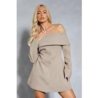 Misspap Womens Jacket Dress Mini Taupe Long Sleeve Bardot Blazer Tailored