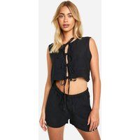 Womens Linen Look Tie Front Sleeveless Blouse & Flippy Shorts