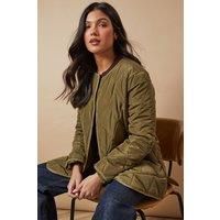 Oasis Womens Puffer Jacket Khaki Short Quilted Diamond Pattern Snap Button