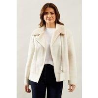 Wallis Womens Jacket Faux Fur Lined Biker Cream Mid-Length Zip Pockets