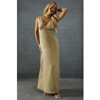 Misspap Womens Slip Dress Champagne Satin Sleeveless Long Lace Trim Tie Detail