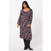 Womens Petite Pink Spot Tie Front Long Sleeve Midi Dress