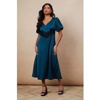 Occasion Satin Lace Waist Midi Dress