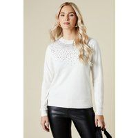 Dorothy Perkins Womens Jumper Ivory High Neck Hot Fix Embellished Long Sleeve