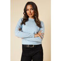 Dorothy Perkins Womens Jumper Blue High Neck Hot Fix Embellished Long Sleeve
