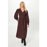 Womens Red Animal V Neck Shirred Cuff Midi Dress