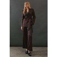 Warehouse Womens Trousers Satin Wide Leg High Waisted Chocolate Pockets Formal