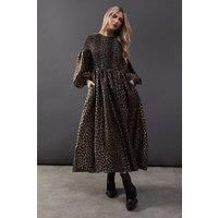 Warehouse Womens Midi Dress Brown Animal Print Shirred Bodice Balloon Sleeves