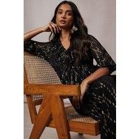 Occasion Shirred Ruffle Metallic Midi Dress