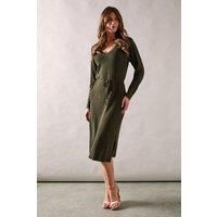 Wallis Womens Knitted Midi Dress Khaki V Neck Long Sleeve Tie Waist