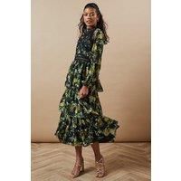 Oasis Womens Dress Fit Flare Black Floral Chiffon Lace Trim Long Sleeve Midi