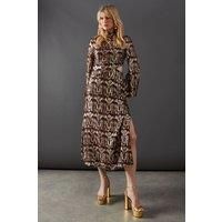 Warehouse Womens Formal Dress Chocolate Metallic Jacquard High Neck Long Sleeve