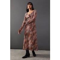 Warehouse Womens Midi Dress Animal Long Sleeve Chiffon Spring Summer