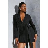 Misspap Womens Jacket Dress Black Mini Long Sleeve Premium Tie Front