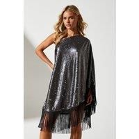 Coast Womens Mini Dress One Shoulder Sequin Fringe Pewter Spring Summer