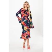 Petite Cross Neck Printed Midi Wedding Guest Dress