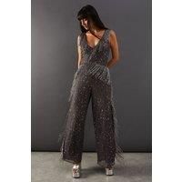 Hand Embellished Sequin Plunge Neck Fringe Jumpsuit