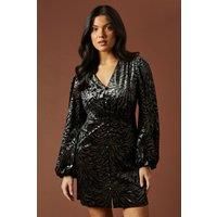 Oasis Womens Mini Dress Black Devore V Neck Balloon Sleeve Formal Occasion