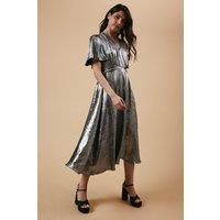 Oasis Womens Formal Dress Silver Midi V Neck Waist Detail Party Cocktail