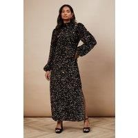 Oasis Womens Fit Flare Dress Black Long Sleeve Sequin Woven Midi