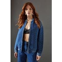 Warehouse Womens Bomber Jacket Blue Denim Hotfix Embellished Casual Zip