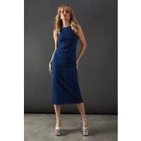 Warehouse Womens Sleeveless Midi Dress Blue Denim Hot Fix Embellished
