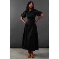 Warehouse Womens Party Midi Dress Black Elegant Seersucker Organza Puff Sleeve