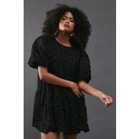 Warehouse Womens Mini Dress Black Short Sleeve Metallic Tinsel Woven