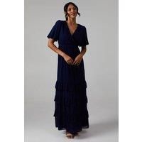 Oasis Womens Maxi Dress V Neck Puff Sleeve Tiered Georgette Navy Elegant