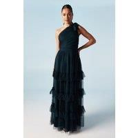 Pleated Mesh One Shoulder Tiered Maxi Bridesmaids Maxi Dress