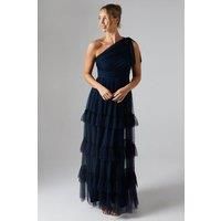 Oasis Womens Maxi Dress Navy One Shoulder Pleated Mesh Tiered Bridesmaids