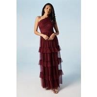 Oasis Womens Maxi Dress Berry One Shoulder Pleated Mesh Tiered Bridesmaids