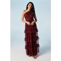 Oasis Womens Maxi Dress Berry One Shoulder Pleated Mesh Tiered Bridesmaids
