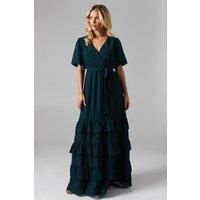 Oasis Womens Bridesmaids Dress Emerald V Neck Puff Sleeve Tiered Georgette