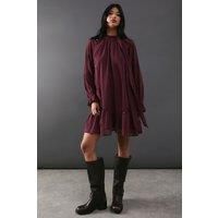 Warehouse Womens Smock Dress Burgundy Chiffon Tie Neck Moon Embellished Short