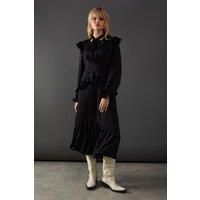 Warehouse Womens Midi Dress Black Satin Tie Neck Ruffle Spring Summer