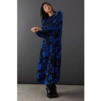 Warehouse Womens Midi Dress Blue Floral Print Pleated Chiffon Round Neck