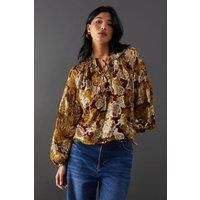 Warehouse Printed Metallic Jacquard Tie Neck Frill Collar Blouse, 12, floral