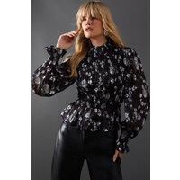 Warehouse Womens Blouse Mono Satin Shadow Stripe Shirring Peplum Hem Top