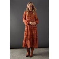 Warehouse Womens Midi Dress Rust Metallic Jacquard Lace Insert Long Sleeve