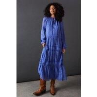 Warehouse Womens Midi Dress Blue Metallic Jacquard Lace Insert Long Sleeve