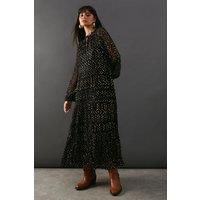 Warehouse Womens Midi Dress Black Metallic Jacquard Lace Insert Long Sleeve