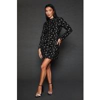 Dorothy Perkins Womens Mini Dress Black Velvet Embroidered Long Sleeve