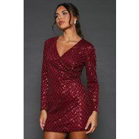 Dorothy Perkins Womens Mini Dress Burgundy Sequin Wrap Long Sleeve Party