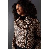Warehouse Womens Jacket Leopard Animal Print Oversized Biker Cropped All Seasons